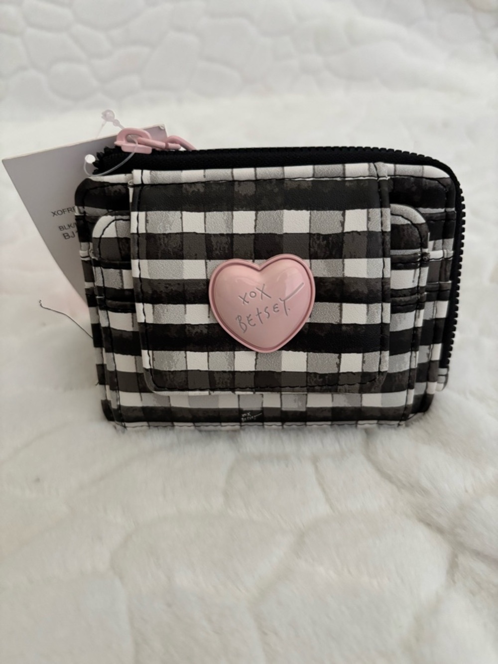 Betsey Johnson Black & White Gingham Card Case with Pink Heart Emblem